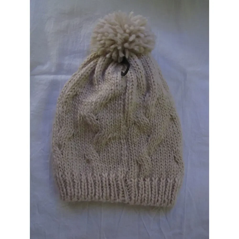 NEW Alexa Rose Winter Knit Hat Beanie Tuk Gold Tan Woven Girl's Pom Pom‎ Stretch